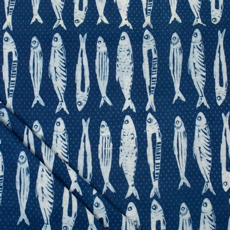 Indigo Fabric: Buy Hand Block Fish Printed Cotton fabric | Dmaasa
