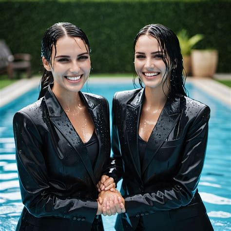 Two Women in Wet Business Suits, Laughing in Pool | Stable Diffusion Online