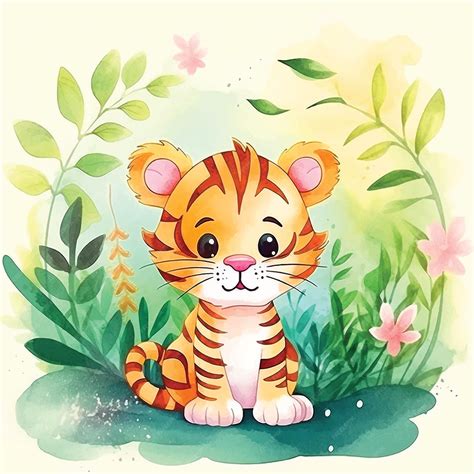Premium Vector | Cute tiger in jungle cartoon watercolor paint