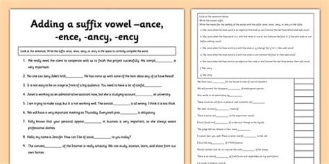 Adding a Vowel Suffix -ance -ence -ancy -ency Worksheet