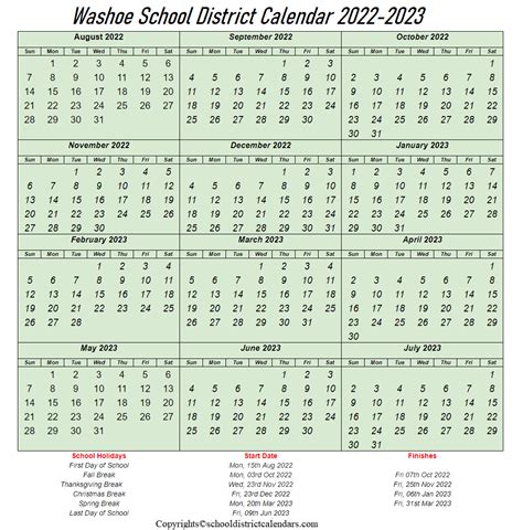 Washoe School District 2022-2023 Calendar With Holidays