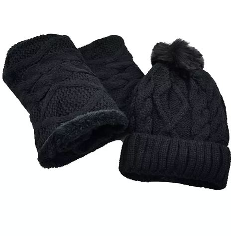 Furry Lined Beanie Pompom Hat and Scarf Set