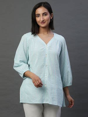 Buy Aurelia Women Blue Stripes Cotton Kurti Online