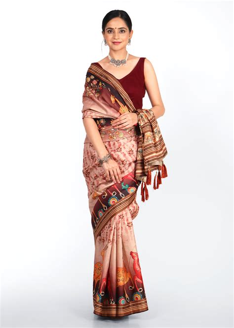 Exquisite Beige Silk Saree with Vibrant Animal Motifs – Seona Couture