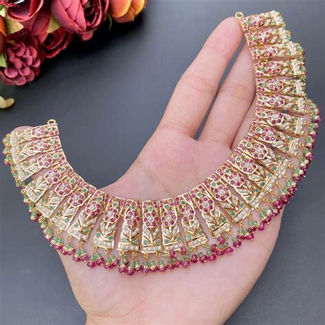 Evergreen Multicoloured Jadau Necklace Set in 22ct Gold GNS 106