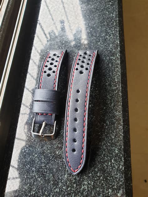 Handmade blue leather rally strap for watch - 22mm / Blue ...