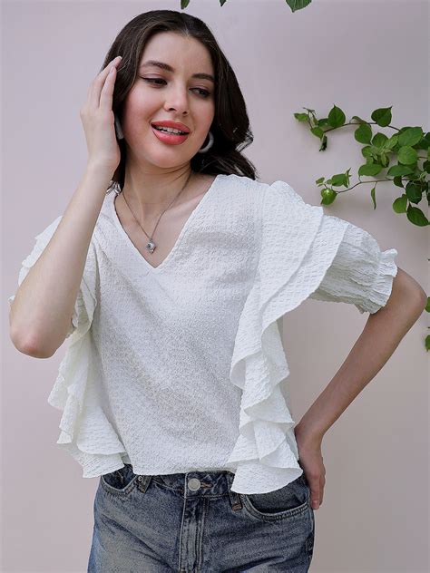Athena White Self Design V-Neck Flutter Sleeves Ruffles Detailed Top ...