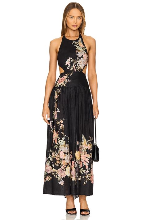 Zimmermann Tallow Halter Midi Dress in Black Multi Floral | REVOLVE