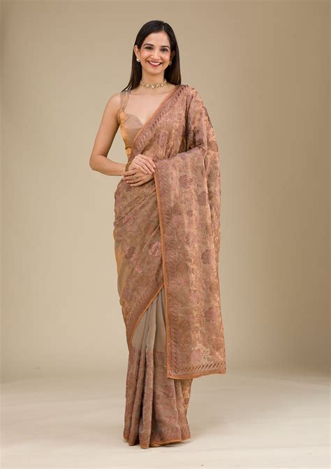 Buy Beige Threadwork Raw Silk Saree - Koskii