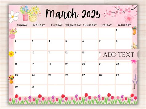 EDITABLE March 2025 Calendar, Printable Wall Calendar 2025, Cute Spring ...