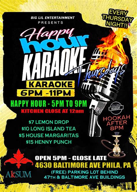 HAPPY HOUR KARAOKE at AKSUM, Aksum, Philadelphia, 9 November to 10 ...
