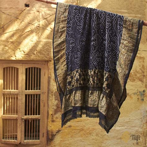 Black Pure Georgette Banarasi Handloom Bandhani Dupatta - Tilfi