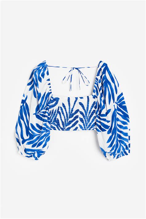 Cropped blouse - White/Blue patterned - Ladies | H&M IN