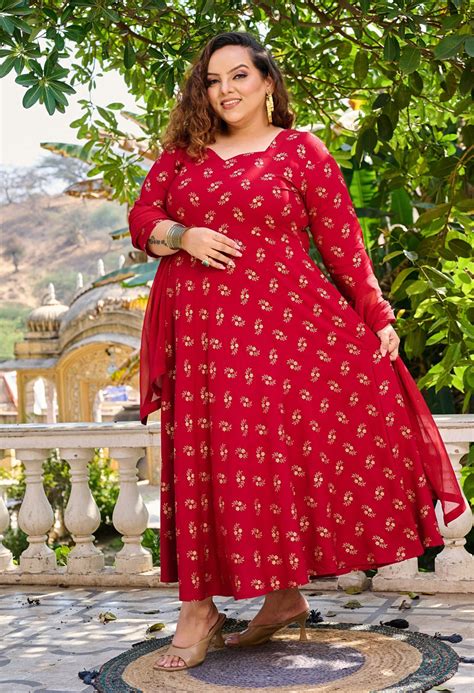 Plus Size Maroon Gold Printed Anarkali with Dupatta – DESINOOR.COM
