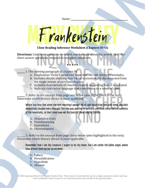 Frankenstein Chapters 10-12 Close Reading Inference Worksheet ...