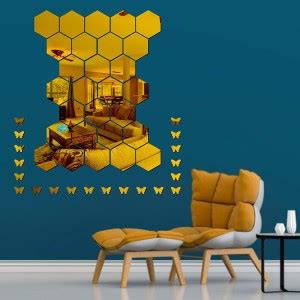 VSA 20 hexagon golden with butterfly 3D Acrylic Mirror Wall Stickers ...