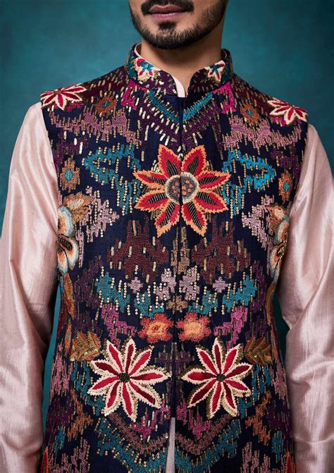 Peach Kurta pyjama and blue Koti with multi-color threadwork ...