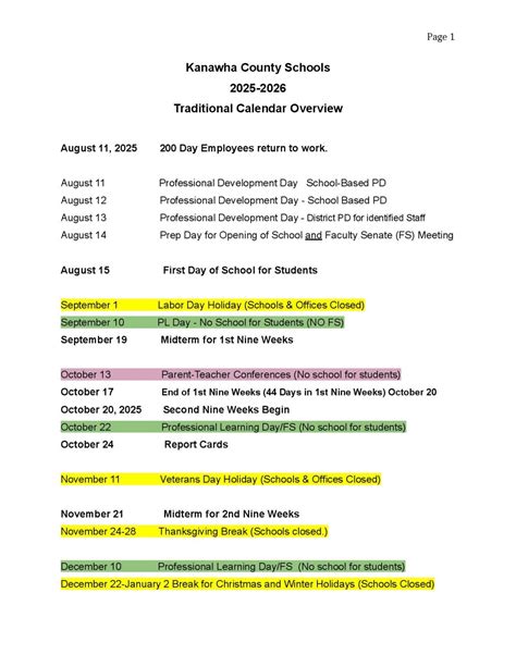 Kanawha County Schools Calendar 2025-2026