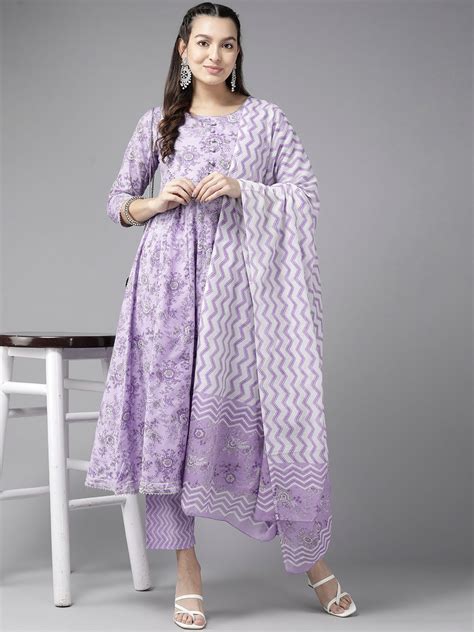 Purple Floral Printed Kurta Trouser Set With Dupatta – Yufta Store