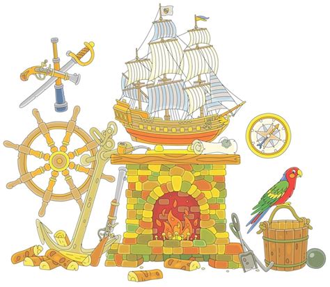 Kamin eines Seebären und ein Modell eines Seglers auf einem Kaminsims ...