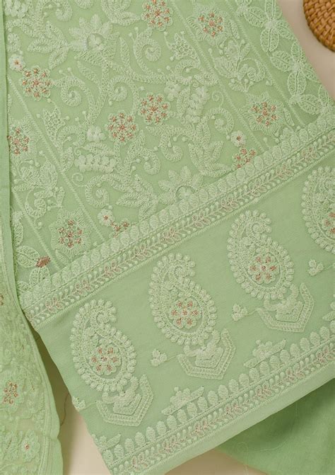 Buy Pista Green Threadwork Georgette Unstitched Salwar Suit - Koskii