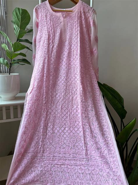 Chikankari Resham Full Jaal Kurti - Baby Pink - ARIAA CHIKANKARI
