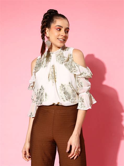 Buy White Jacquard Cold Shoulder Top Online At Best Price - Sassafras.in