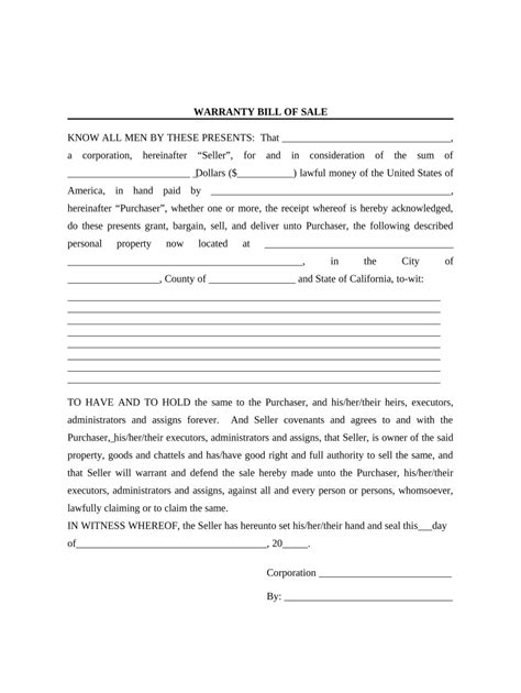 Warranty Bill of Sale - Blank Fillable Template | Fill Out, Print ...