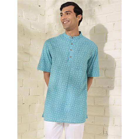 Buy Fabindia Cotton Blue Bagru Print Mandarin Neck Half Sleeves Regular ...