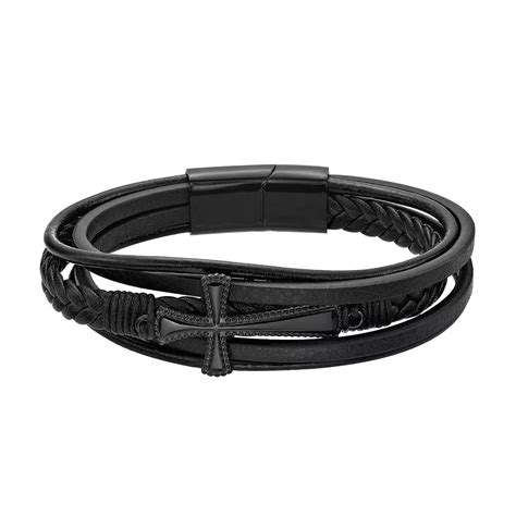 LYNX Men's Black Ion Plated Stainless Steel & Black Leather Cross Bracelet