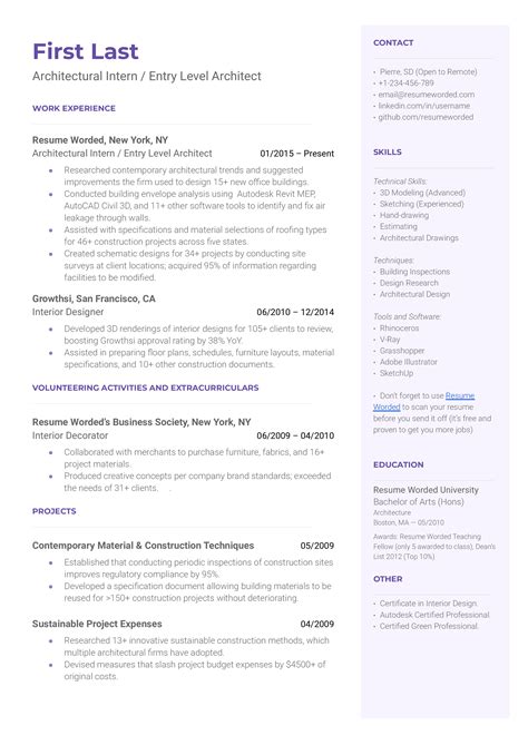 Architectural Intern/ Entry Level Architect Resume Examples for 2025 ...