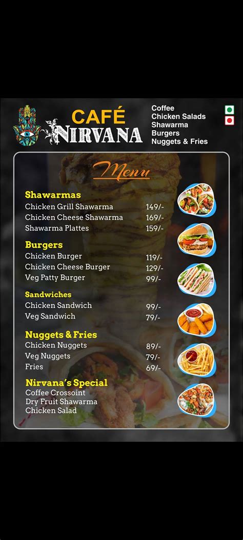 Menu at Cafe nirvana, Hyderabad, 5-6-190/2