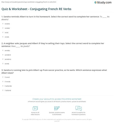 Quiz & Worksheet - Conjugating French RE Verbs | Study.com