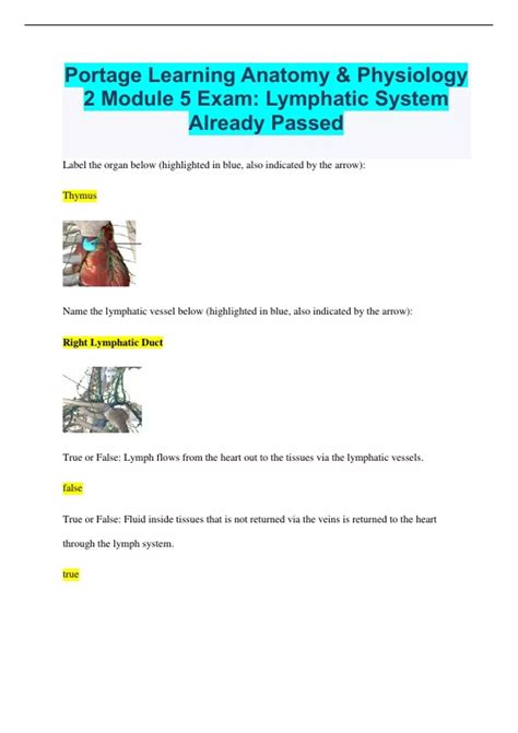 Portage Learning Anatomy & Physiology 2 Module 5 Exam: Lymphatic System ...