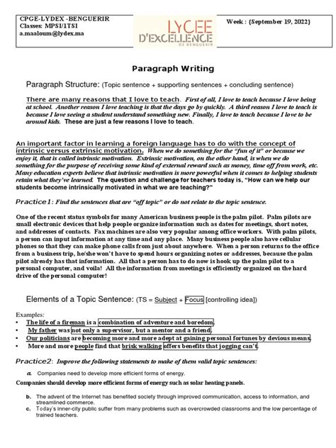 Paragraph Writing | PDF | Motivation | Motivational