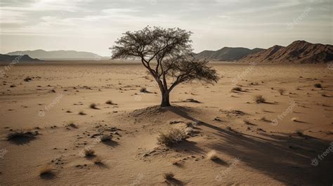 Un árbol solitario en el desierto con la puesta de sol. | Foto Premium
