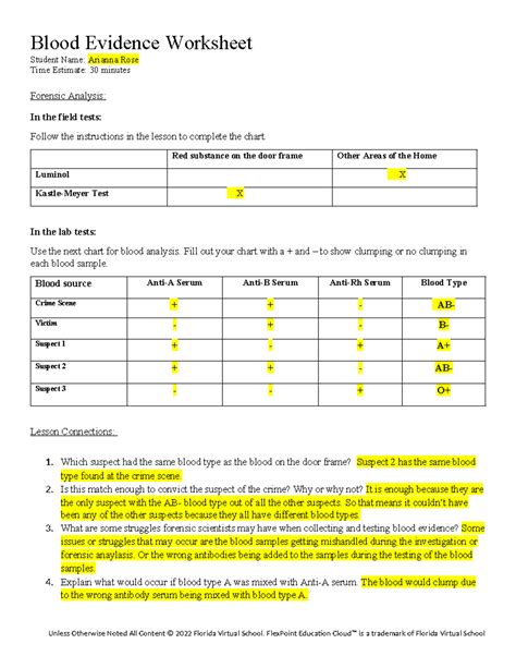 Forensic Blood Typing Worksheet Analysis - Forensic Science 101 - Studocu