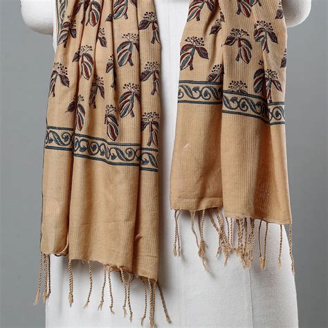 Beige Mangalagiri Handloom Block Printed Cotton Stole with Tassels