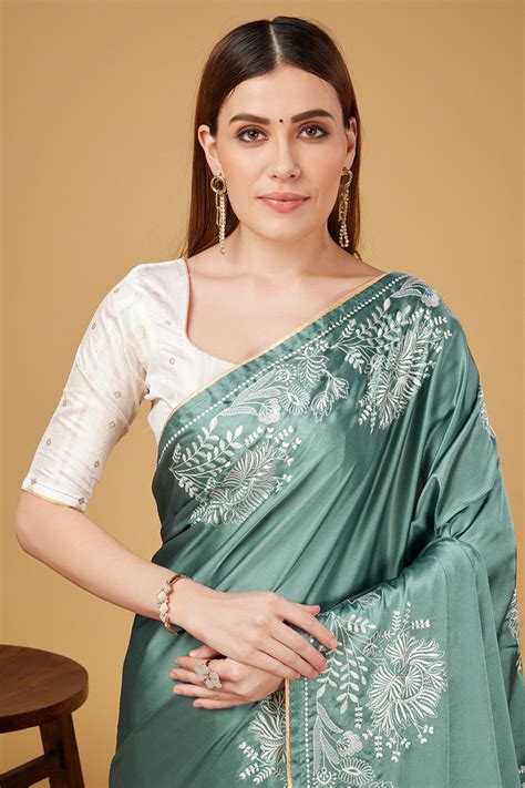 Buy Teal Satin Embroidered Satin Saree online-Karagiri