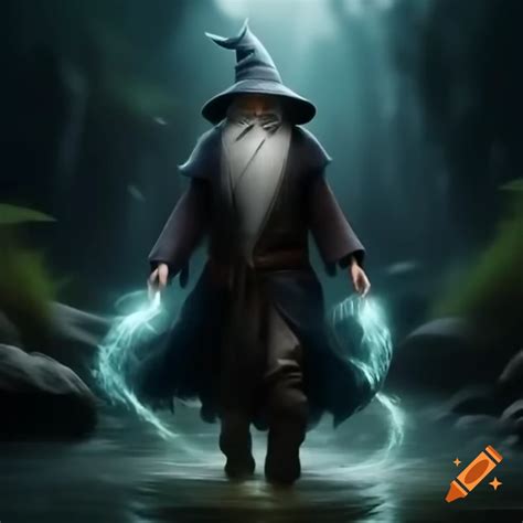 Wizard with aura walking on water wearing water walking shoes on Craiyon