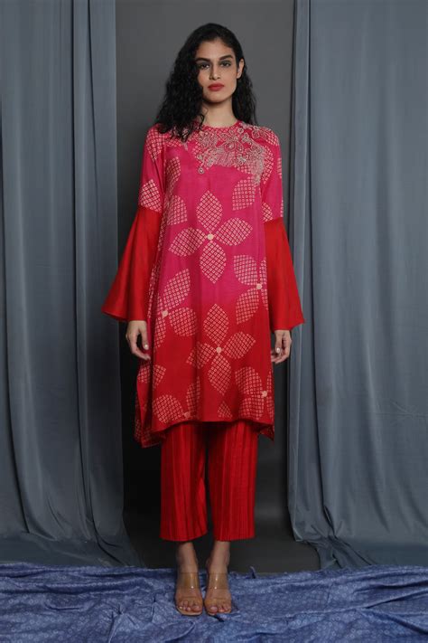 Red & Pink Chanderi Shaded Tunic – krishnamehtas