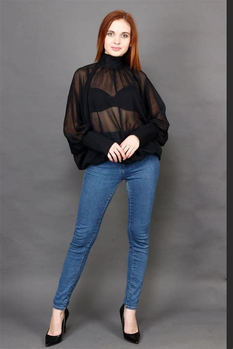 Stylish Sheer Top with Balloon Sleeves & Turtle Neck for Party - Loose ...