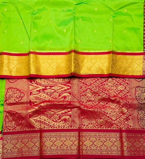 Apple Green Shade Saree with Golden and Red Border – Kumaran Silk