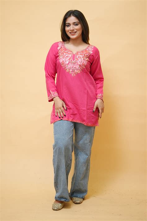 Pink cotton aari work kurti with multicoloured neckline embroidery
