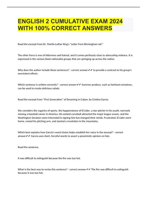 ENGLISH 2 CUMULATIVE EXAM 2024 WITH 100% CORRECT ANSWERS - ENGLISH 2 CUMULATIVE - Stuvia US