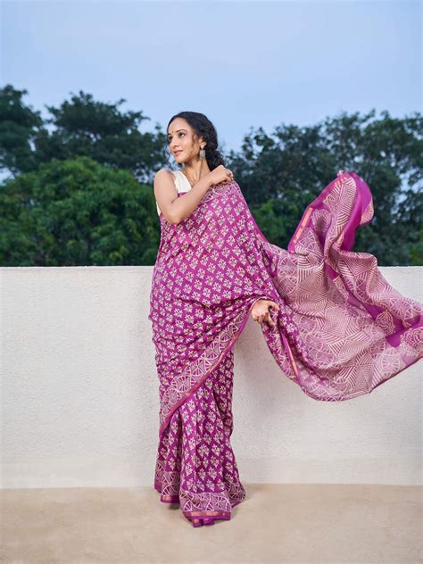 Purple Dabu Print Maheshwari Cotton Silk Saree – Mrida