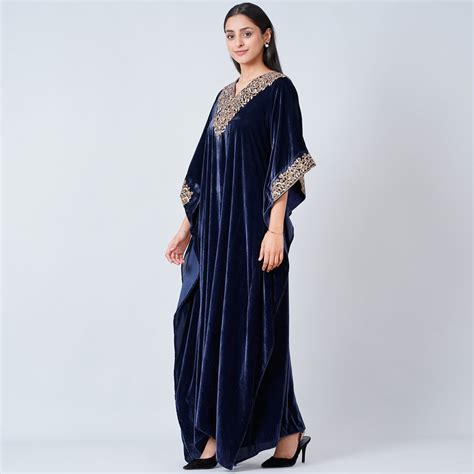Blue Embroidered Silk Velvet Full Length Kaftan – First Resort by ...