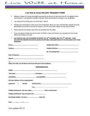 Fillable Online Live Well at Home HOLIDAY REQUEST FORM Fax Email Print ...