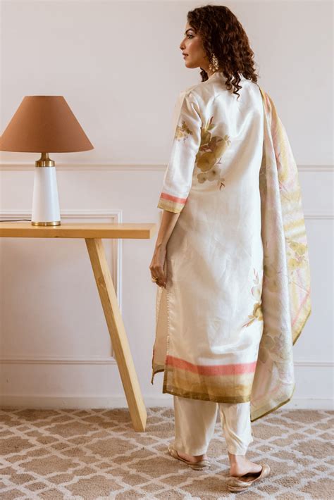 Nehamta Women's Cream Tissue Silk Kurta, Pant & Dupatta Set