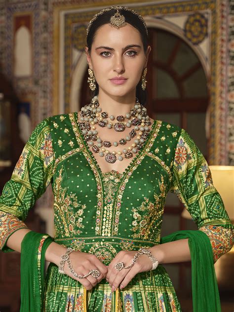 Buy Green Bandhani Printed Silk Festival Wear Gown From Ethnic Plus